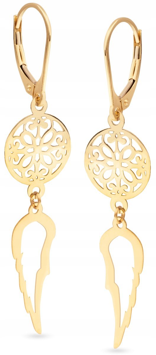 PIĘKNE ZŁOTE KOLCZYKI WISZĄCE KÓŁKO SKRZYDŁO 585