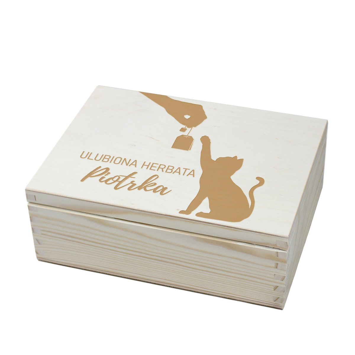 Pudełko na herbatę z grawerem, herbaciarka z imieniem dla miłośnika kotów