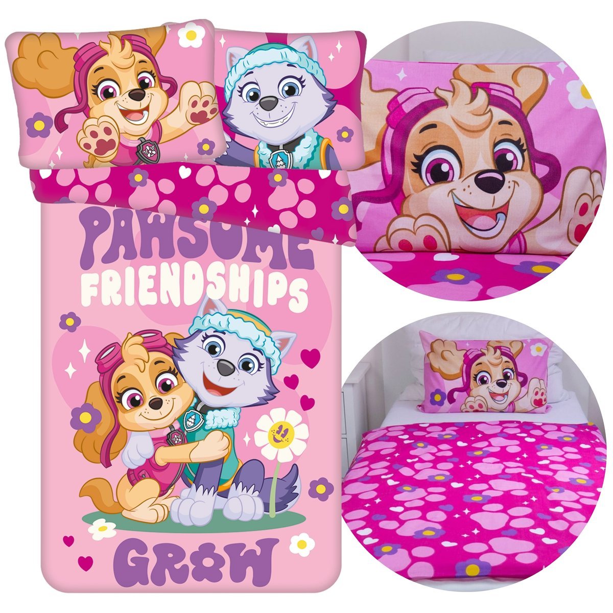 Psi Patrol Dziewczęca, DWUSTRONNA, bawełniana pościel dla dzieci, na zamek, 100% BAWEŁNA 100x135cm+40x60cm OEKO-TEX