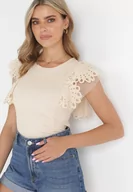 Bluzki damskie - Jasnobeżowy Bawełniany Top z Koronką przy Ramionach Learena - miniaturka - grafika 1