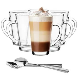 Glasmark KROSNO 1992 Zestaw 6 szklanek do kawy 300 ml z uchwytem i łyżeczką szklanki do herbaty Cappuccino Latte mrożona herbata termiczna szklanki przezroczyste szklanki - Herbata - miniaturka - grafika 1