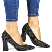 Czółenka - Damskie Czółenka Ozdobione Cyrkoniami Półbuty Na Słupku Vinceza 62211 Czarne - VINCEZA - miniaturka - grafika 1
