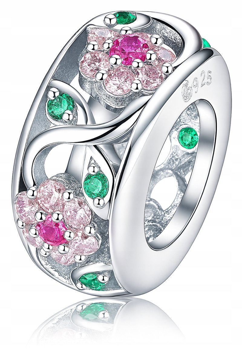 Charms zawieszka srebrna charms kwiat różowy beads rodowany