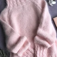 Swetry damskie - TEMU Sweter z Wysokim Dekoltem dla Kobiet - Miękki Różowy, Długi Rękaw, Żebrowana Tekstura, Casualowy Styl, Idealny na Jesień i Zimę, Przytulny - miniaturka - grafika 1