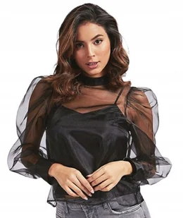 GUESS CZARNA BLUZKA DAMSKA Z PRZEŚWITUJĄCYMI RĘKAWAMI XS GXB - Bluzki damskie - miniaturka - grafika 1