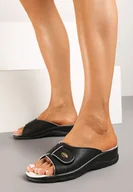 Klapki i japonki damskie - Czarne Klapki na Niskim Koturnie z Otwartym Noskiem i Paskiem na Rzep Metanis - miniaturka - grafika 1