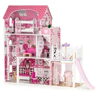 Domki dla lalek - EcoToys Drewniany domek dla lalek z windą, zjeżdżalnią, mebelki w zestawie - miniaturka - grafika 1
