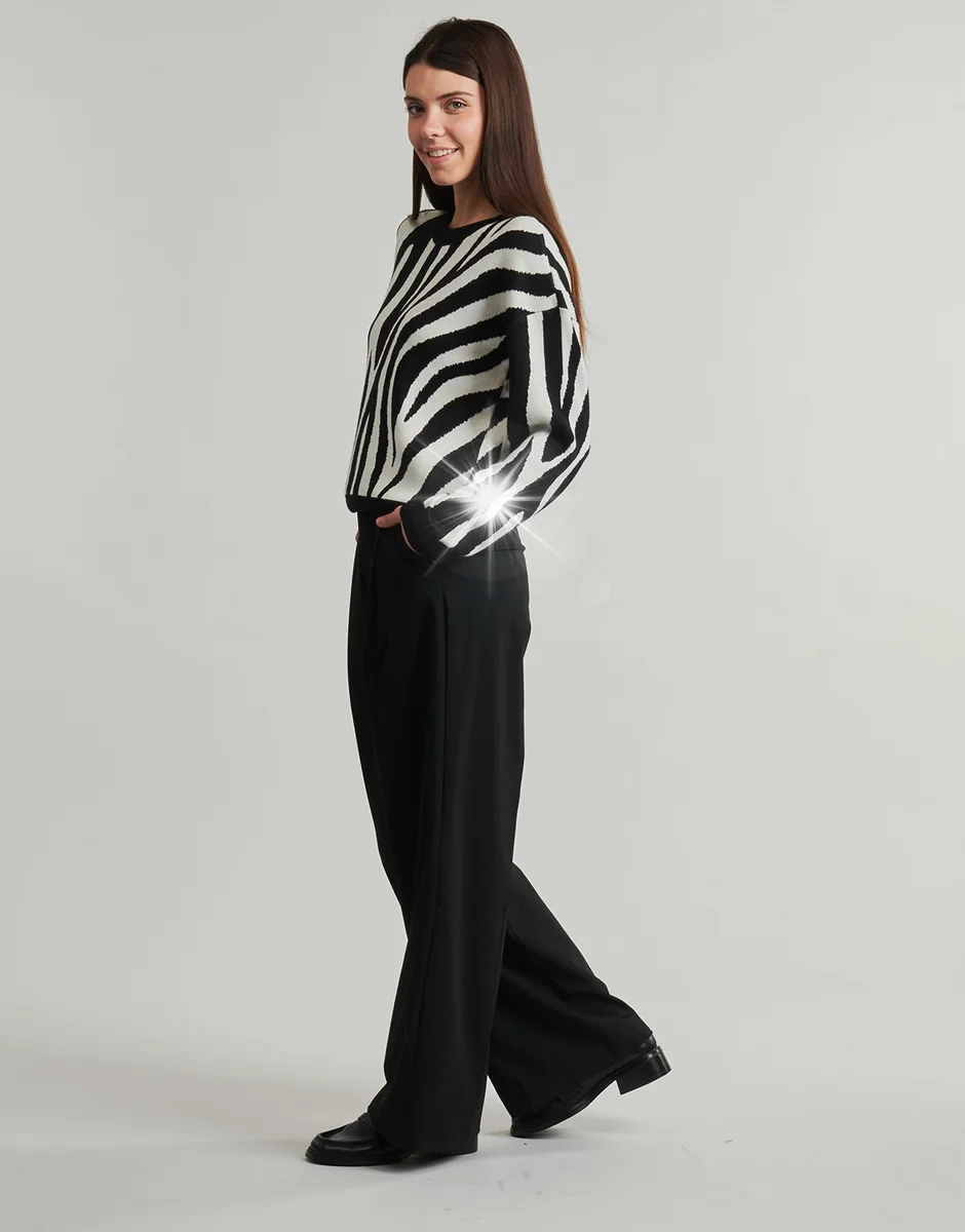SWETER DAMSKI LUŹNY CIEPŁY W PASKI ZEBRA OKRĄGŁY DEKOLT ŚCIĄGACZE XXL