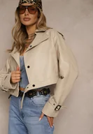 Kurtki damskie - Beżowa Krótka Kurtka Ramoneska w Stylu Trencza Niladoria - miniaturka - grafika 1