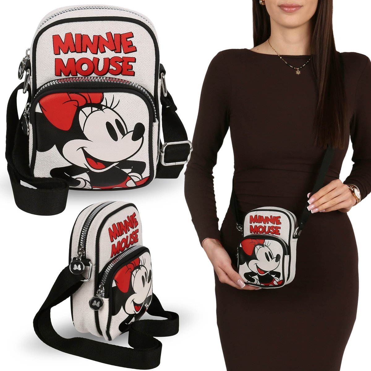 DISNEY Myszka Minnie LNIANA saszetka, mała torebka z regulowanym paskiem, mini MŁODZIEŻOWA torebka 17x5x12cm