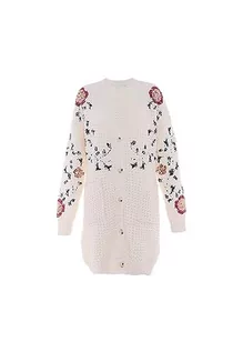 Swetry damskie - faina Damski średniej długości, modny kardigan z cekinami i kwiatowym wzorem, wełniany, rozmiar M/L, biały (wollweiss), XL - grafika 1
