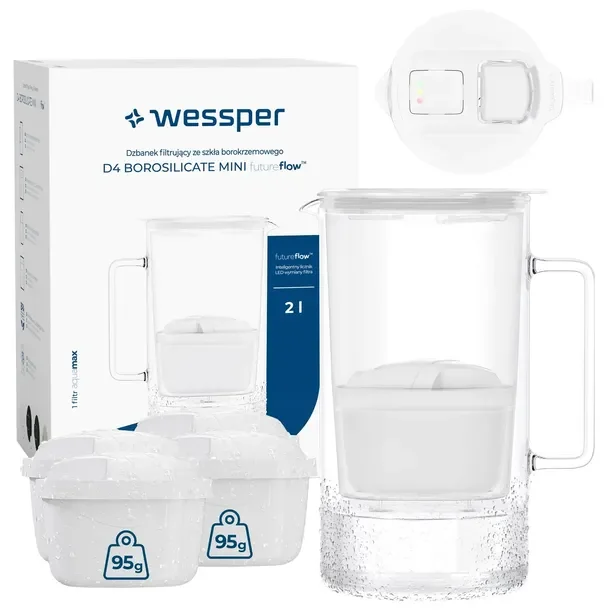 Dzbanek filtrujący szklany Wessper D4 BOROSILICATE MINI FF 2l + 5x filtr