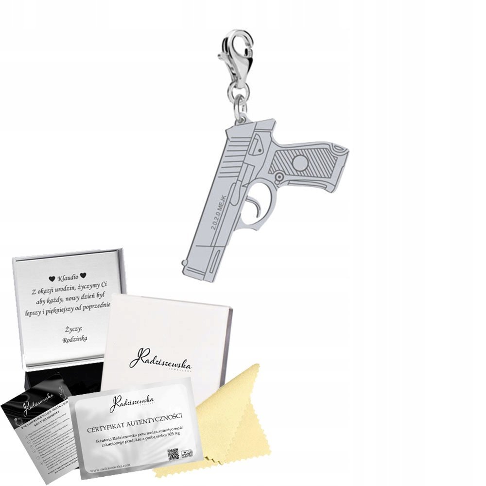 Charms Srebrny PISTOLET Karabińczyk Prezent Kobieta DEDYKACJA GRATIS