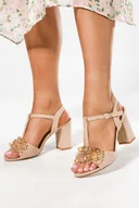 Sandały damskie - Beżowe sandały z kryształkami damskie na słupku t-bar skórzana wkładka Casu ER24X4-N - miniaturka - grafika 1