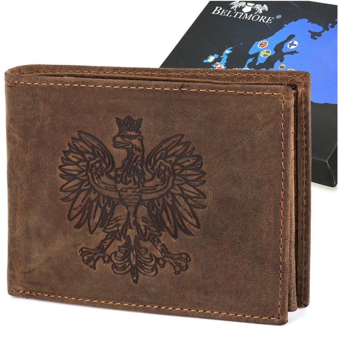 Portfel skórzany męski brązowy nubuk poziomy skóra Godło Polski Orzeł RFiD Beltimore R92 brązowy, beżowy