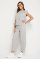 Dresy damskie - Szary Komplet Dresowy z Wiskozą Bluzka Bez Rękawów i Spodnie z Gumką w Talii Nitadora - miniaturka - grafika 1