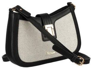 Modna mała torebka damska listonoszka na ramię ze skóry ekologicznej i płótna canvas PETERSON czarno - beżowa ze złotymi okuciami kieszonki - Torebki damskie - miniaturka - grafika 1