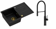 Zlewozmywaki z baterią - Quadron Zlewozmywak granitowy jednokomorowy 78*50*22 cm z ociekaczem MORGAN 111 PURE CARBON czarny ze złotym odpływem z baterią MARILYN Q LINE PURE CARBON z ruchomą wylewką kolor czarny - miniaturka - grafika 1