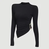 Bluzki damskie - TEMU Modna czarna koszulka damska z nieregularnym okrągłym dekoltem i długim rękawem, idealna na jesień i zimę, stylowa i dopasowana. - miniaturka - grafika 1