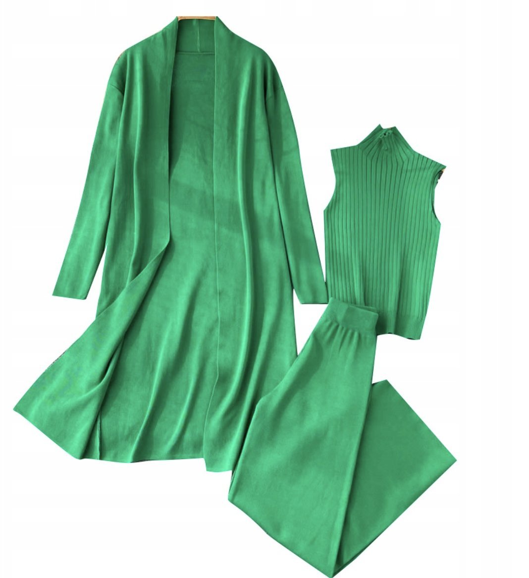 Kobiecy 3-Częściowy Zielony Zestaw Top Z Golfem Kardigan Spodnie Dzianinowe