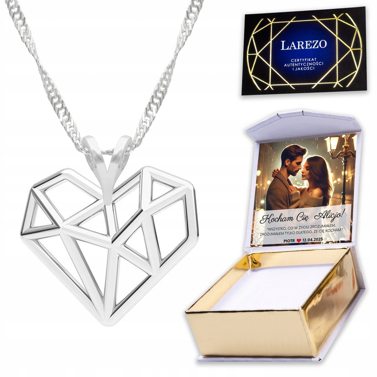 Naszyjnik Srebrny 925 z Sercem Serduszkiem Serce Serduszko Heart + NADRUK