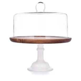 Patera z kloszem na nóżce DUKA ACACIA 29 cm brązowa drewno akacjowe - Tace i patery - miniaturka - grafika 1