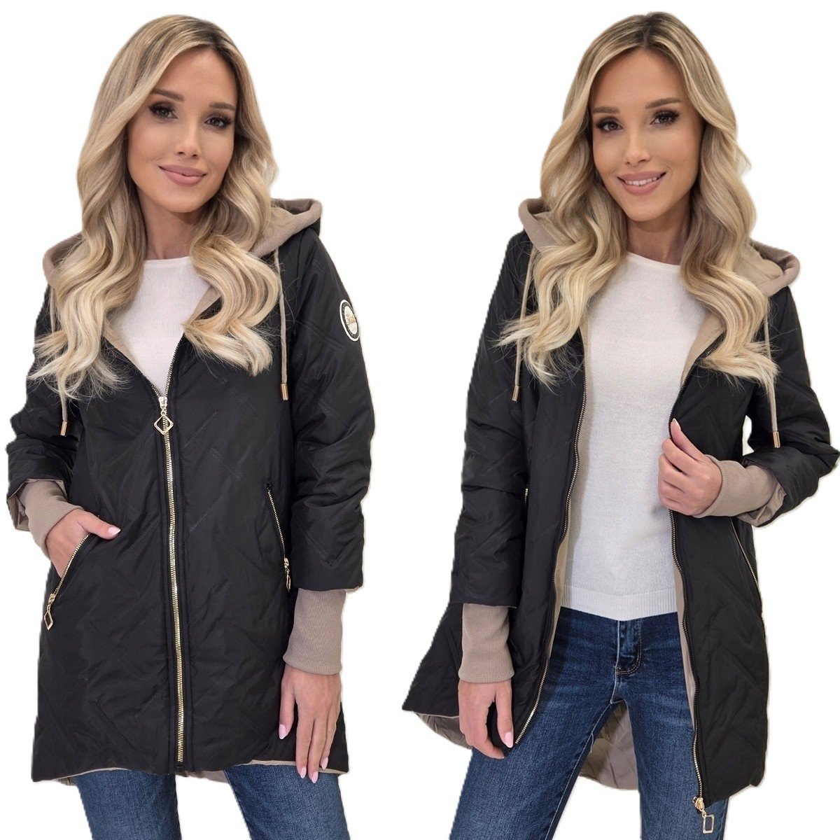 Modna Asymetryczna Kurtka Damska Wiosenna Przejściowa Z Kapturem Parka R.Xl Czarny