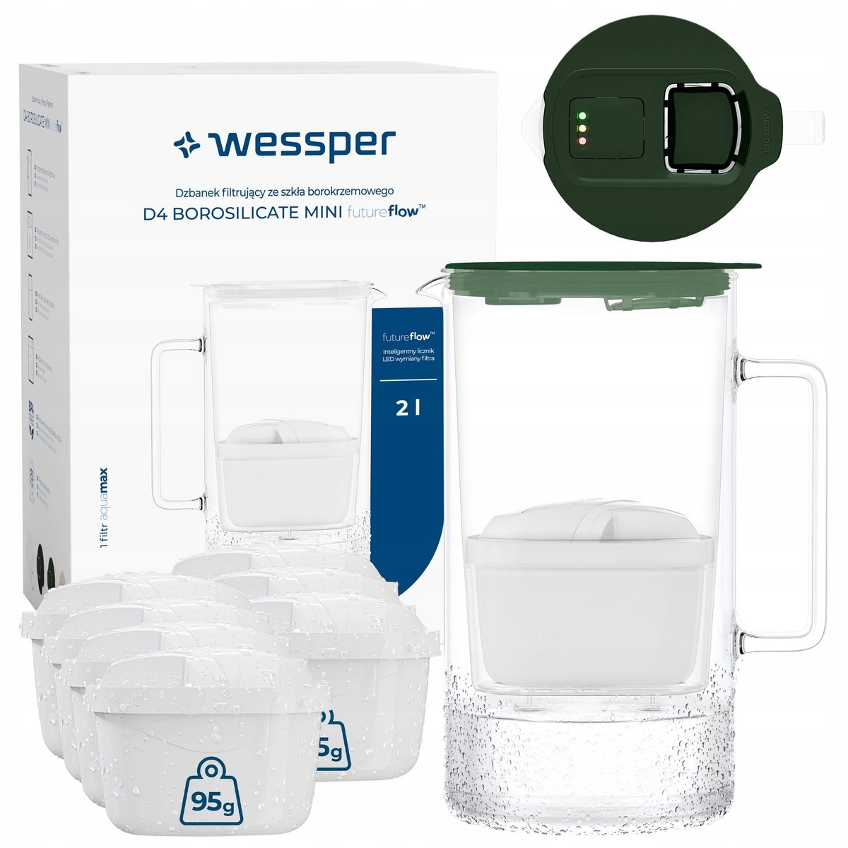 Dzbanek filtrujący szklany Wessper D4 BOROSILICATE MINI FF 2l + 8x filtr