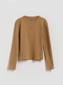 Bluzki dla dziewczynek - Reserved - Prążkowana bluzka z aplikacją - beżowy - miniaturka - grafika 1