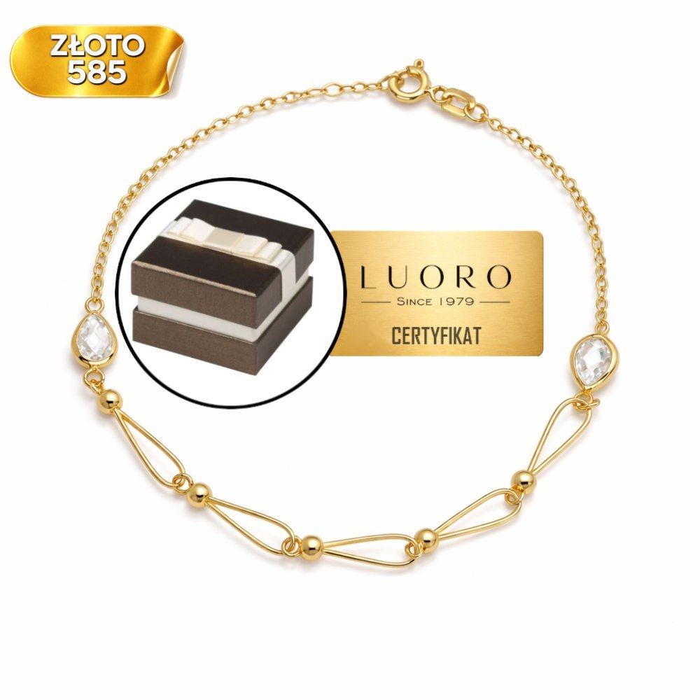 BRANSOLETKA ZŁOTA 585 14K KULKI ŁEZKA Z BIAŁYM KAMIENIEM 19 CM ELEGANCKA