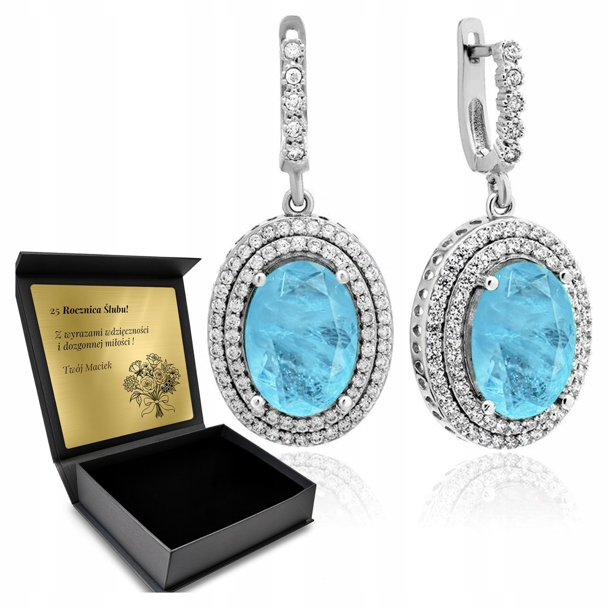 Kolczyki Srebrne 925 Cyrkonie I Turmalin Biżuteria Dla Kobiety + Grawer