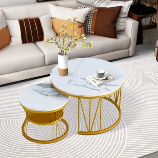 Fortuna Lai stolik kawowy 2 w 1 o wyglądzie marmuru zestaw 2 stolików bocznych z półką, Ø 70 x 45/Ø 45 x 40 cm, metalowa rama, złoty - Ławy i stoliki kawowe - miniaturka - grafika 1