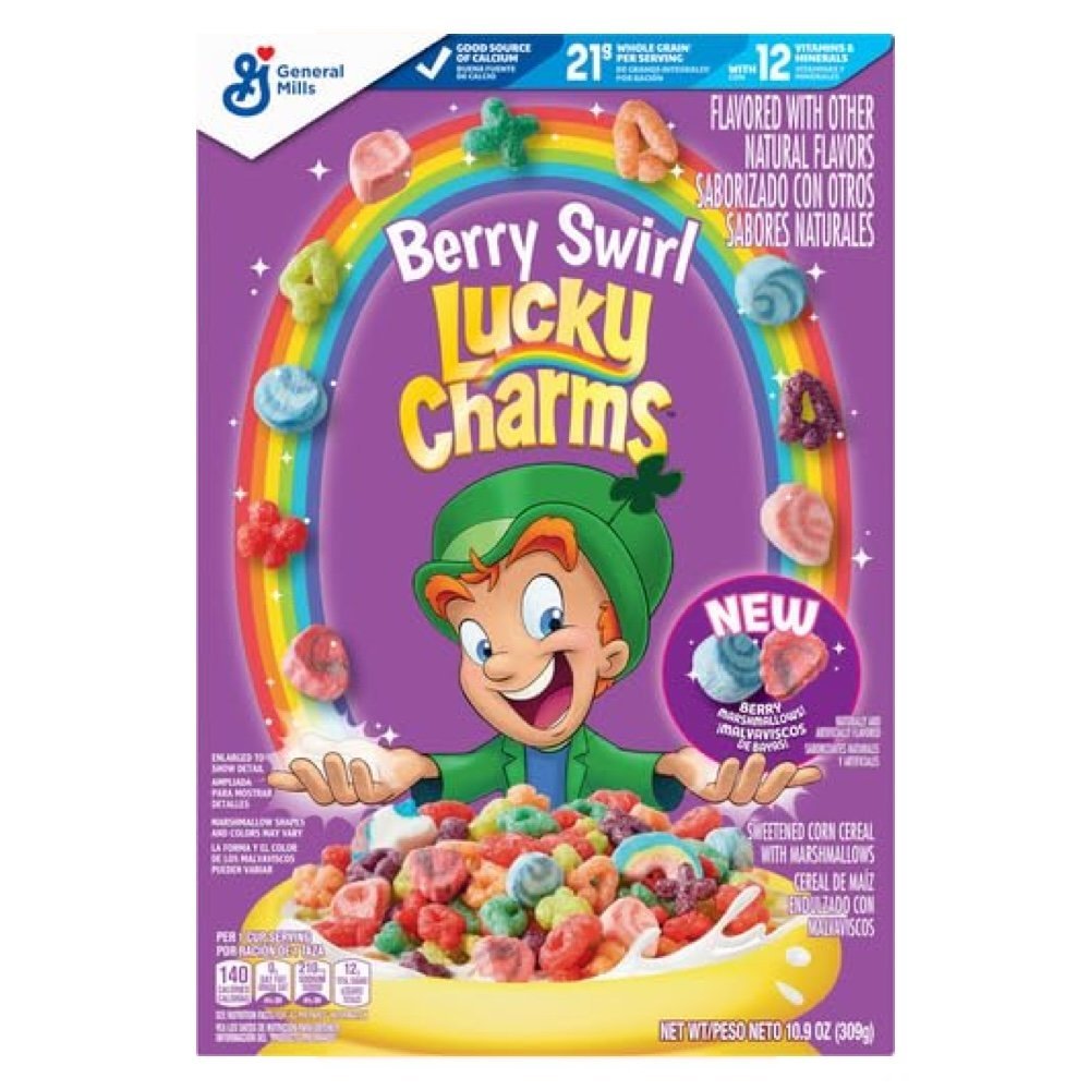 Lucky Charms Berry Swirl płatki śniadaniowe z jagodowymi piankami 309 g