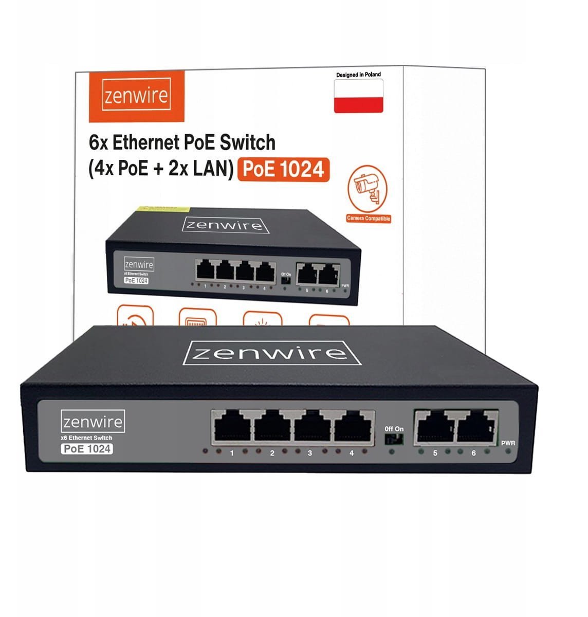Switch Zasilacz Rozdzielacz POE LAN 8 Portów 6 Ethernet RJ45 100Mbps Kamer 5904507521707