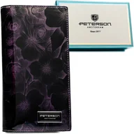 Portfele - Pionowy duży portfel damski fioletowy na magnes i suwak PETERSON lakierowany z motywem kwiatowym skóra naturalna i ekologiczna rozbudowany na karty .. - miniaturka - grafika 1