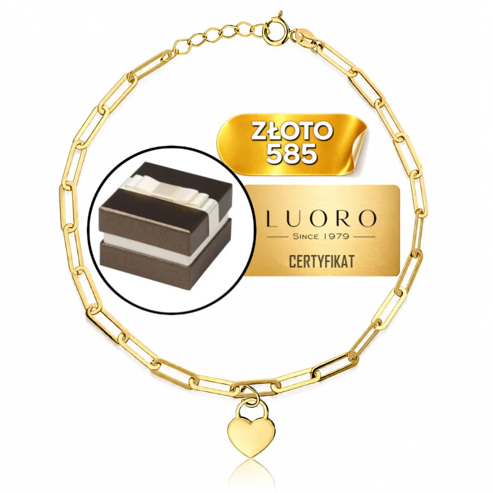 BRANSOLETKA ZŁOTA 585 14K DŁUGIE OGNIWA SERCE KŁÓDKA 17,5-19 CM ELEGANCKA
