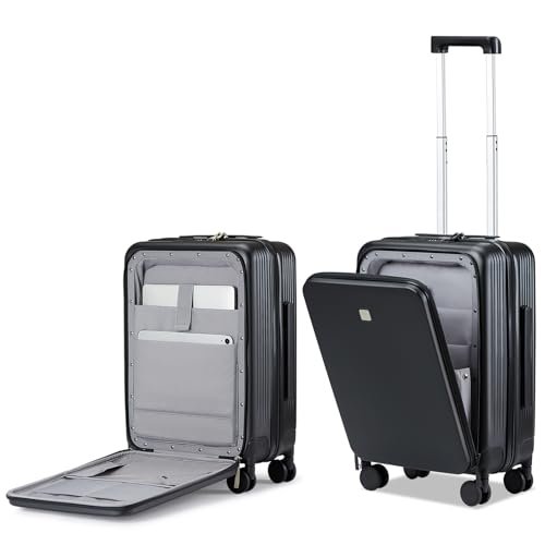 Hanke Ulepszony bagaż podręczny z przednią kieszenią na laptopa, 50 cm twarde etui z PC z kółkami obrotowymi i zamkiem TSA, bagaż na kółkach do podróży służbowej i krótkiej podróży, Czarny Jet Black,
