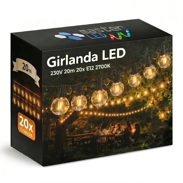 Girlanda Ogrodowa Świetlna 20M 20X Żarówka LED E12 + Przewód Wodoszczelna