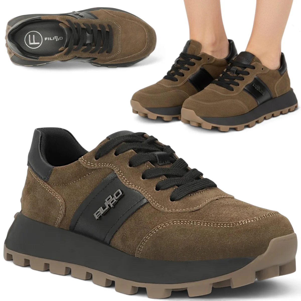 Sneakersy Damskie SKÓRZANE FILIPPO Platforma Sportowe Wiązane Jesienne 38