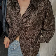 Koszule damskie - TEMU Kobieca Elegancka Bluzka w Lamparcie Wzory - Luźny Krój z Długim Rękawem i Spiczastym Kołnierzykiem, Pranie Maszynowe & Czyszczenie Chemiczne, - miniaturka - grafika 1