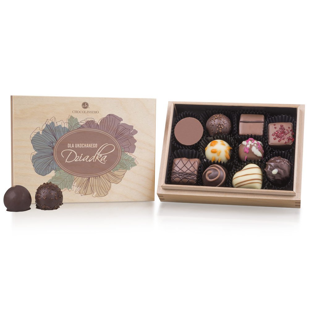 Skrzyneczka pralin dla Dziadka 10 szt. ręcznie wykonanych z belgijskiej czekolady prezent na Dzień Dziadka z dedykacją na skrzyneczce