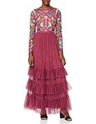 Sukienki - Frock and Frill Damska sukienka maxi z długim rękawem, haftowana spódnica z falbankami, koktajlowa, jagoda, 40 - miniaturka - grafika 1