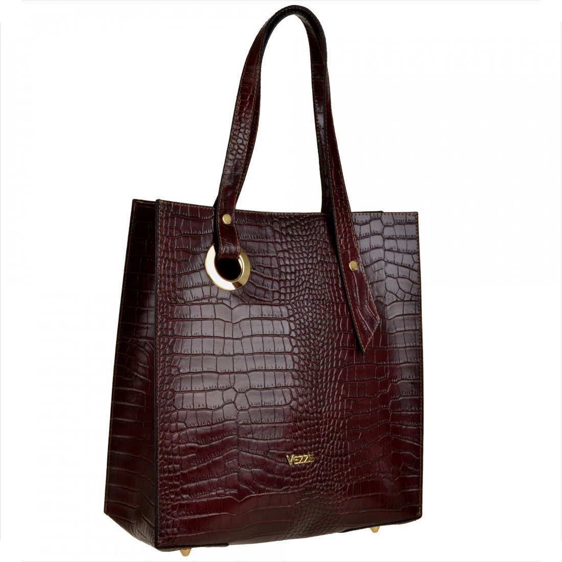 VEZZE torebka shopper skórzana koniak brąz z kosmetyczką aligator