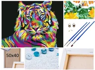 Malowanie po numerach - Malowanie po numerach Obraz Rama Płótno ZESTAW 5w1 KOLOROWY TYGRYS dziekie zwierzęta - miniaturka - grafika 1