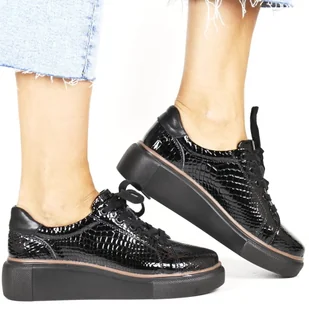 PÓŁBUTY SNEAKERSY SKÓRZANE NA KOTURNIE SOKOLSKI 286 CZARNE KROKODYL - Półbuty damskie - miniaturka - grafika 1