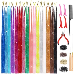 Włosy Syntetyczne Doczepiane Pasemka Kolorowe z Brokatem Zestaw do Włosów - Ozdoby do włosów - miniaturka - grafika 1