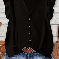 Koszule damskie - TEMU letnia bluzka z dekoltem w serek w jednolitym kolorze, idealna na eleganckie, codzienne wyjścia - miniaturka - grafika 1