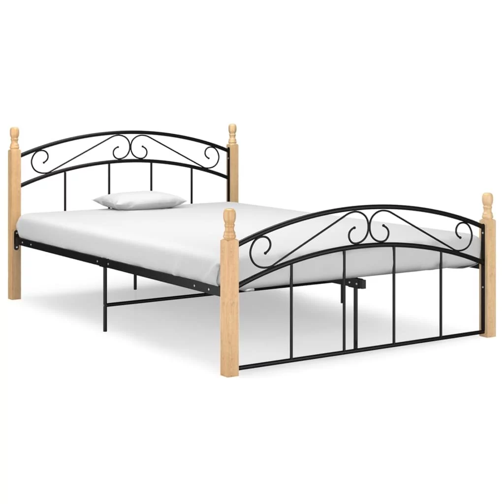 Rama łóżka, czarny metal drewno dębowe, 140x200