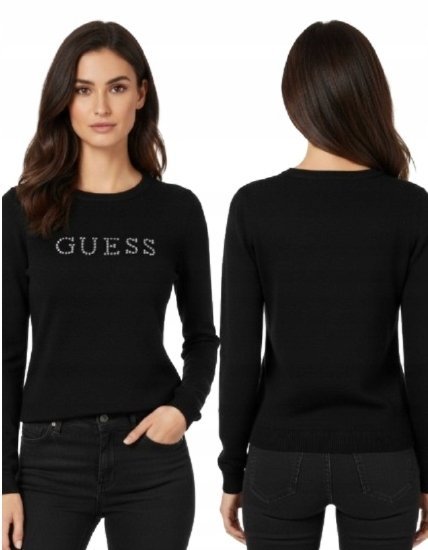 GUESS CZARNY SWETER Z CYROKONIAMI I DŁUGIM RĘKAWEM M G_A