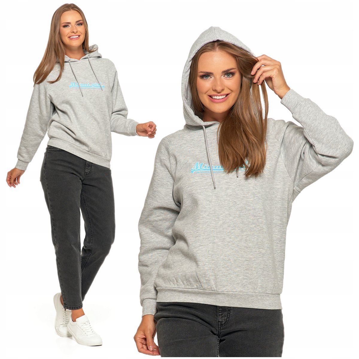 Ciepła Bluza Dresowa Damska MORAJ Z Kapturem z Napisem Gładka Klasyczna 3XL
